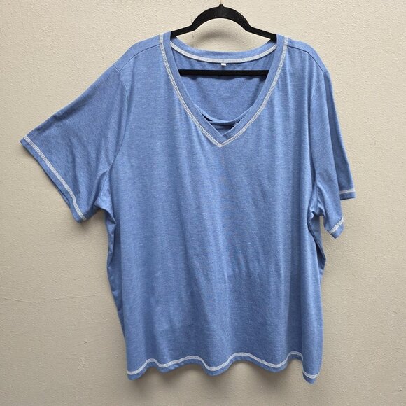 Shirt Womens 4X Blue V Neck Criss Cross Contrast Stitch Plus Size Short Sleeve - Picture 1 of 8